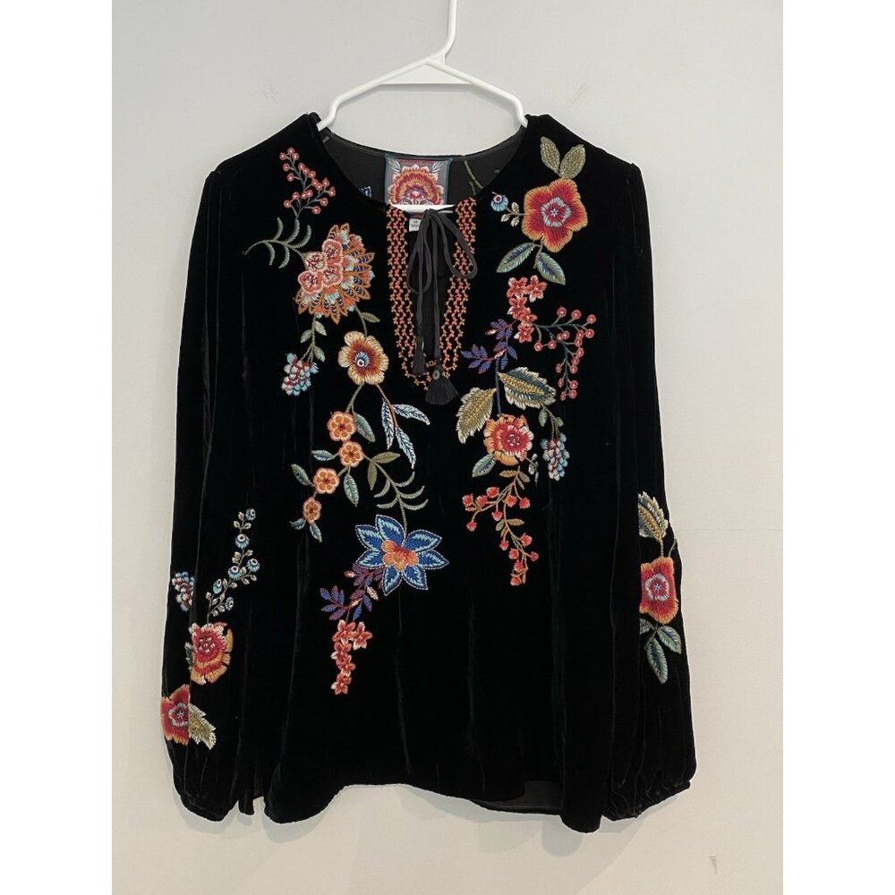 Johnny Was Ardell Embroidered Velvet Boho Relaxed Blouse Top Black XS